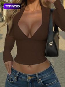 Top ajustado de cuello en V sexy para mujer con manga larga y fruncido lateral, Top corto ligero y a la moda para uso diario
