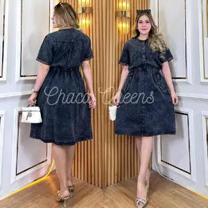 Jumbo Dress Jeans Snow Serut - Baju Wanita Denim Lengan Pendek Busui Terbaru