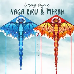 Layangan Naga 1,4m, Layang-layang Naga Merah Biru, Layangan Lipat Kartun Ukuran Besar Ourdoor bonus Benang layangan 100m