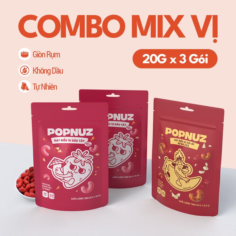 Combo 3 Gói Hạt Điều dinh dưỡng , đồ ăn vặt giòn rụm POPNUZ 20g có mix vị, Snack xem Film Chill