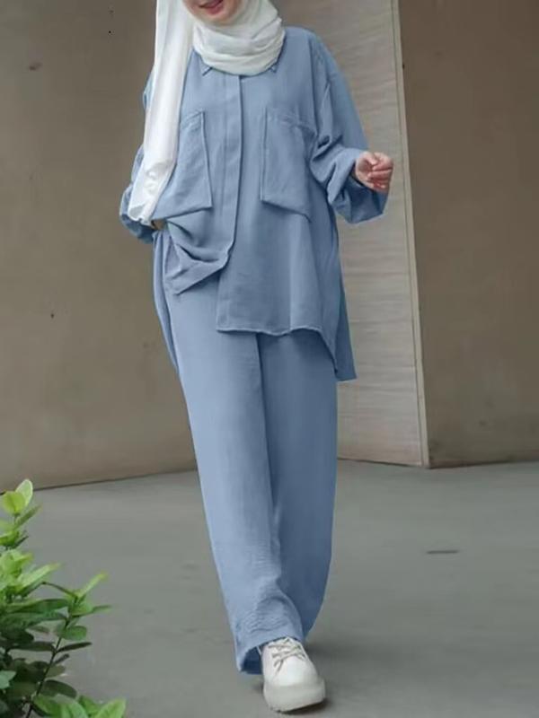 Product Introduction of High quality cross solid color blue Black Kachislin long sleeve pocket hidden door tube dyed buckle elastic waist long pants shirt set long shirt + pants 9