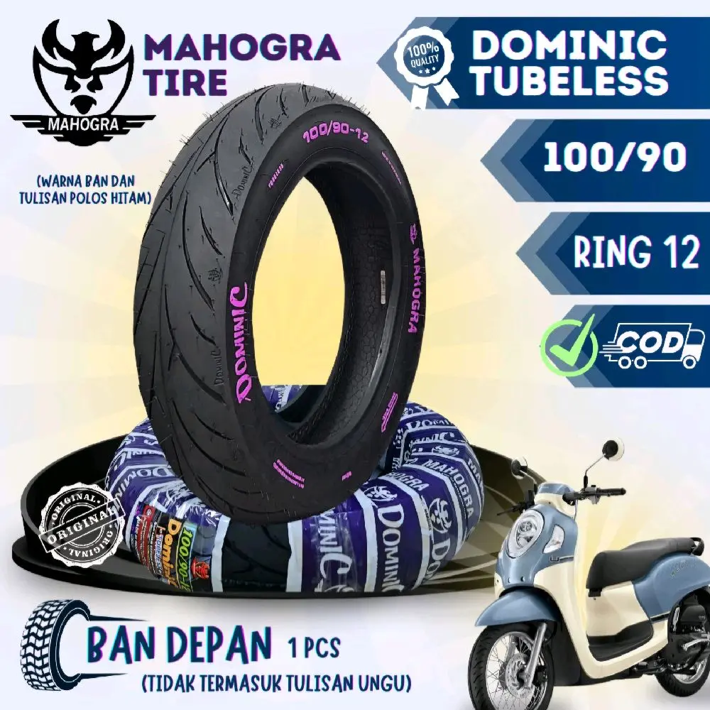 DOMINIC Uk 100/90-12 (Ban Depan) Tubeless Fullpress MAHOGRA Ring 12 Ban Motor Donat Roda Motorcycle