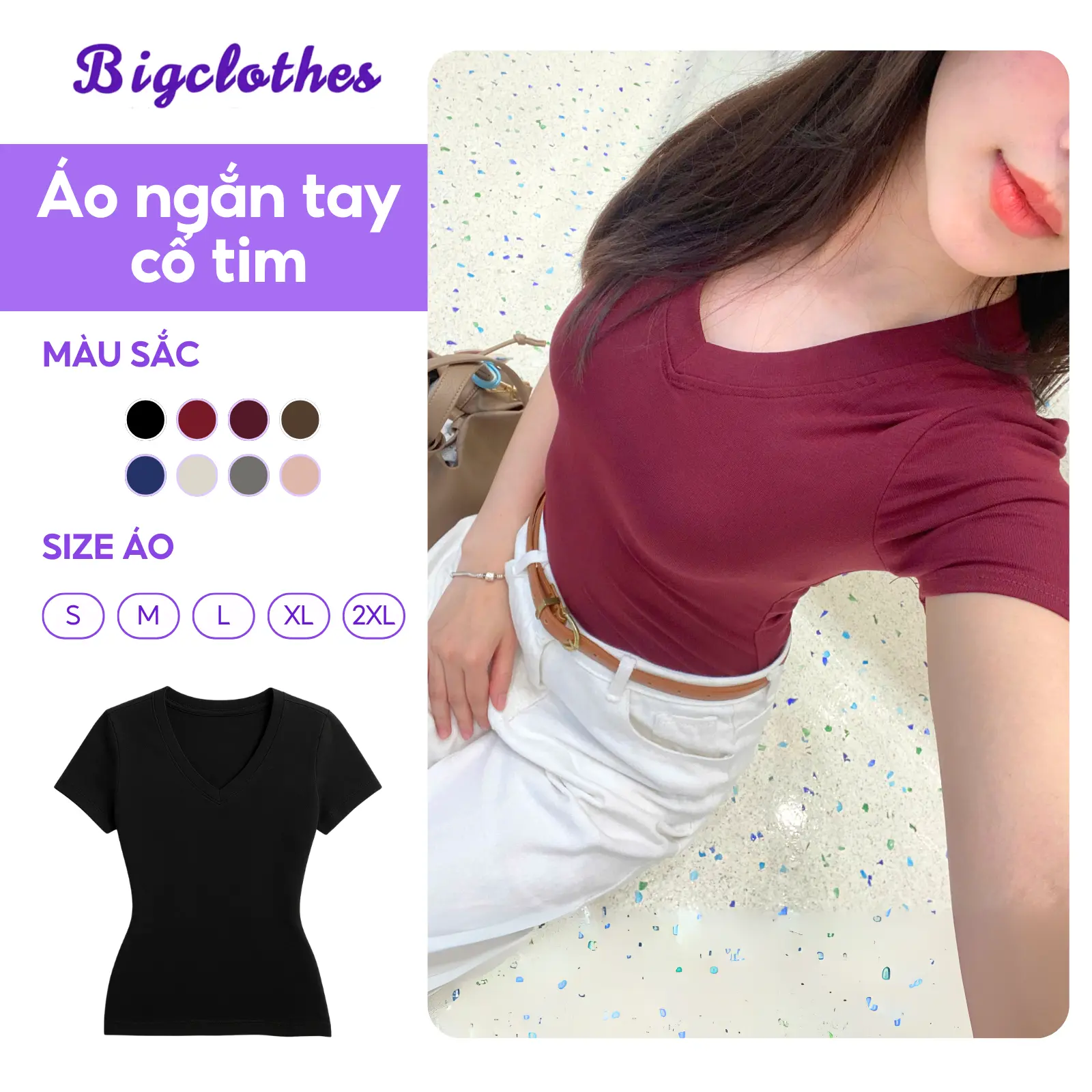[Có Bigsize]  Áo Thun Nữ Basic Trơn Cổ Tim Ngắn Tay Nhiều Màu Sắc Phong Cách Bigclothes A66 aothun coctay