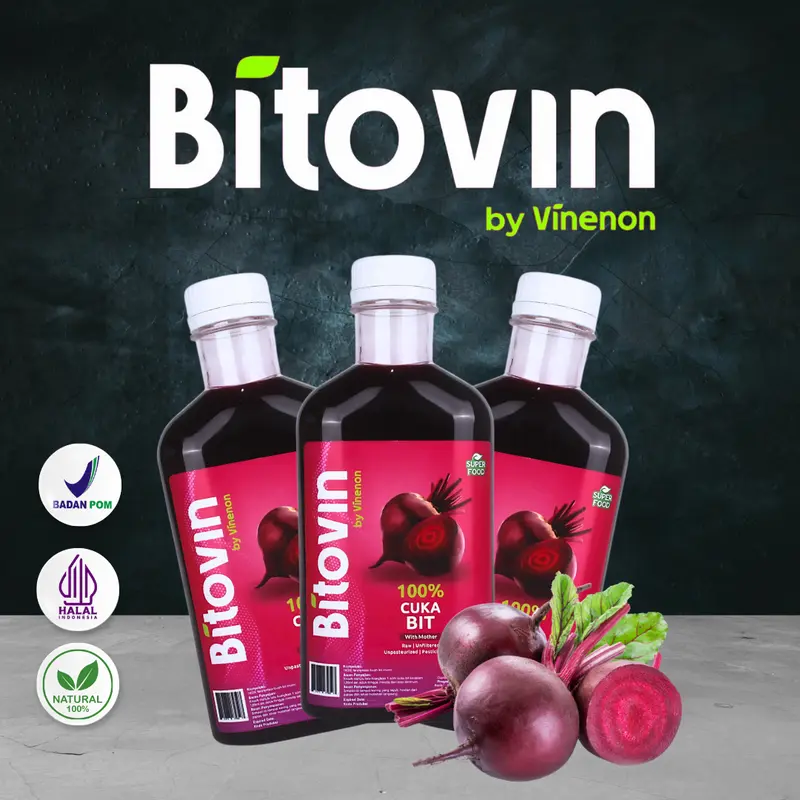 3 Botol BITOVIN Cuka Buah Bit Murni 300ml - Superfood untuk Menjaga Kesehatan Jantung dan Tekanan Darah Normal - Probiotik 0