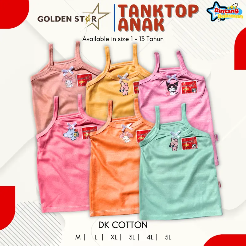 6 pcs singlet kaos dalem anak perempuan karakter labubu bt21, kuromi, cinamoror / tanktop anak lusinan golden Star / tengtop anak perempuan dalaman kaos dalam 1