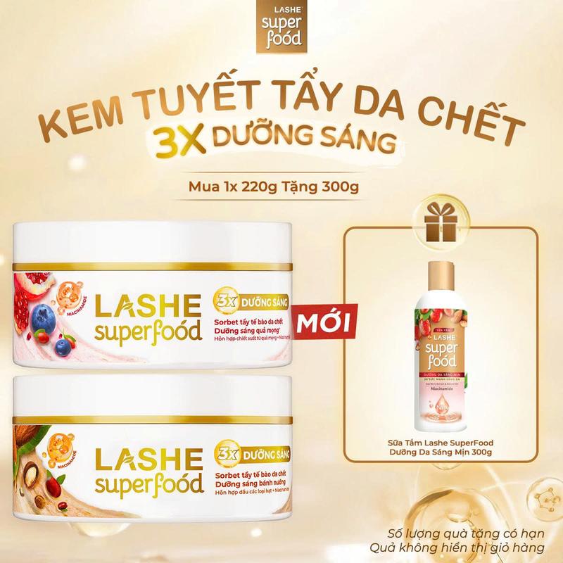 [MỚI RA MẮT] Kem Tẩy Tế Bào Chết LASHE SUPERFOOD Dưỡng Sáng Da Hương Quả Mọng/Bánh Nướng 220G + Sữa Tắm Dưỡng Da Sáng Mịn 300G