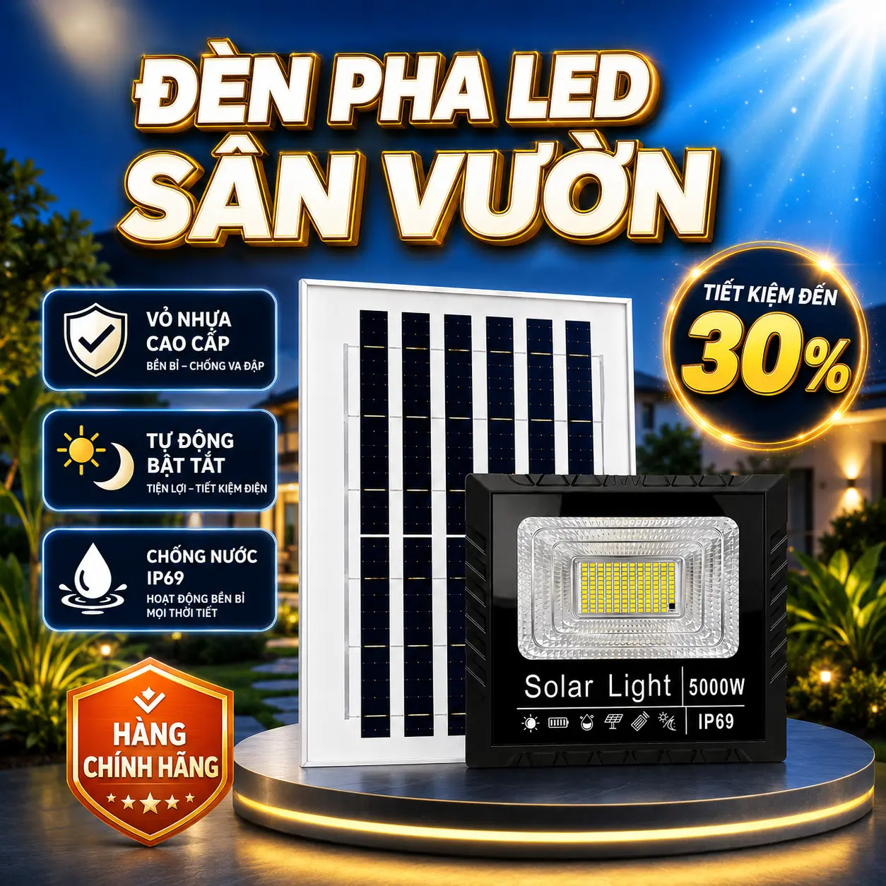 ĐÈN PHA NĂNG LƯỢNG MẶT TRỜI SÂN VƯỜN - VỎ NHỰA ABS CAO CẤP - CHỐNG NƯỚC, tiết kiệm,an toàn, Sáng 6-8 tiếng