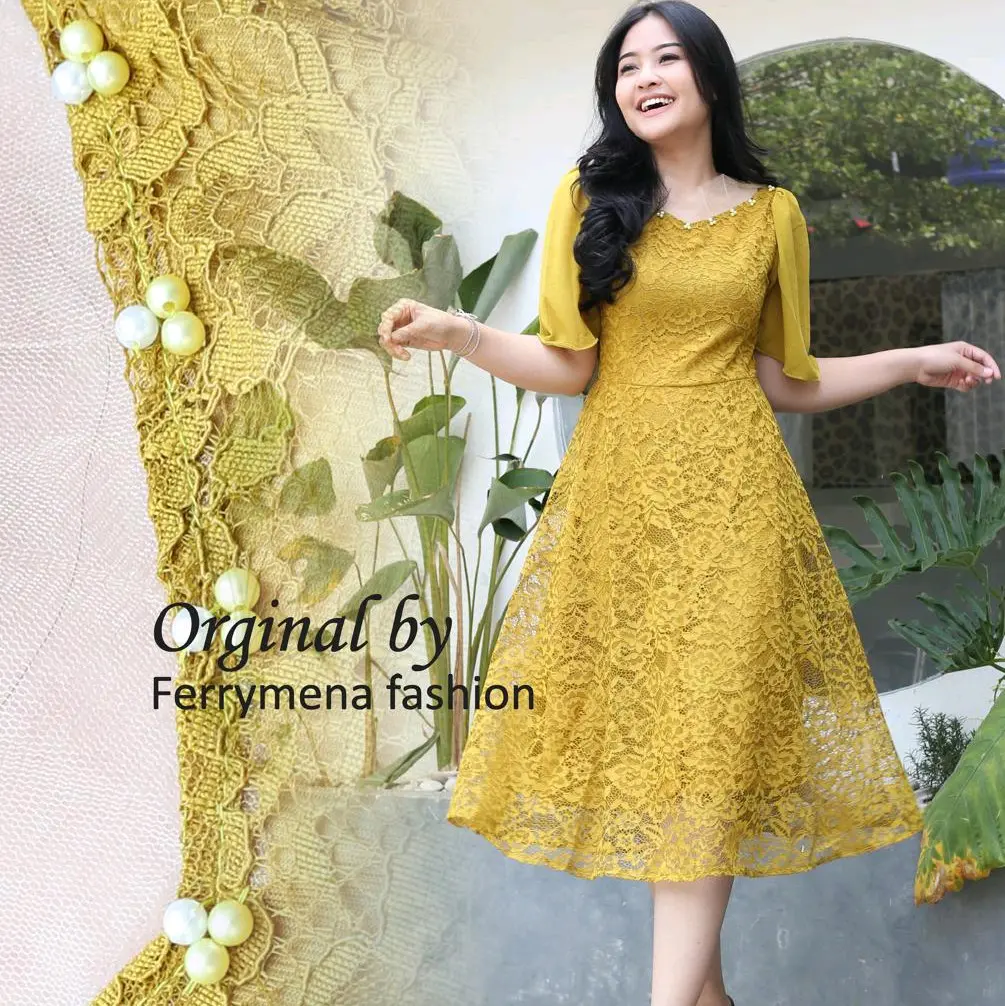 Kebaya Dress Maria Brokat Tangan Pendek Pesta Baju Natal Mewah Panjang Kondangan Wisuda