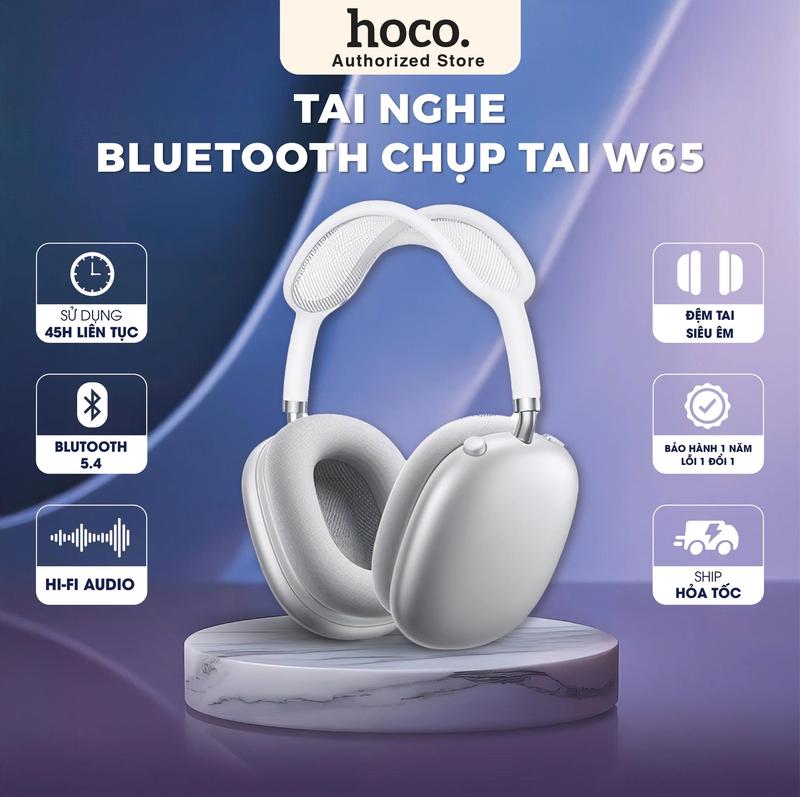 [Tặng bao da] Tai nghe W65 Plus, Base Hoco - Chống ồn ANC - Không Logo - Pin 45h - Bluetooth v5.4 - Đệm tai vải tháo rời - Âm thanh HiFi