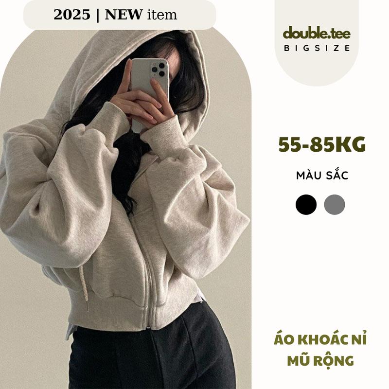 Áo Khoác Mũ Rộng Dáng Bomber Nỉ 2 Da Bigsize 55-85kg Màu Đen Xám Thoải Mái Tay Phồng Mùa Xuân Thu Đông