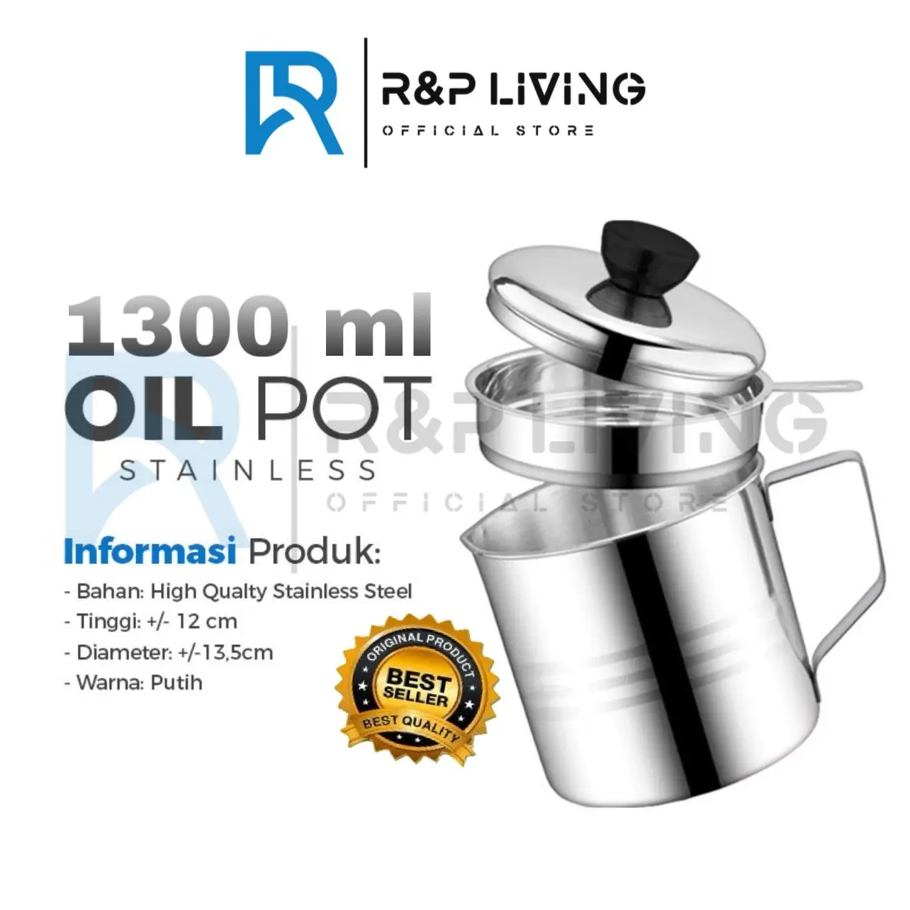 R&P [READY STOK] Oil Pot Saringan Tempat Minyak Goreng Stainless Steel / Saringan Minyak/ Wadah Saringan Minyak Stainless Steel Oil Pot 1,3Liter