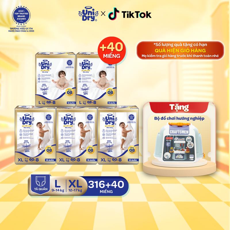Combo 5 Tã quần UniDry Siêu mỏng Supreme size M/L/XL/XXL + 40 miếng cho bé
