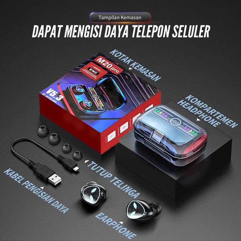 【BAGUS】TWS M20 Pro Wireless Earphone Bluetooth V5.3 TWS Gaming Headset Powerbank 3800mAh Nirkabel Tahan Air Hifi Suara Surround 360 Stereo Earbud Tampilan LED Display Headphone Dengan Mikrofon Panggilan HD Latensi Rendah 9