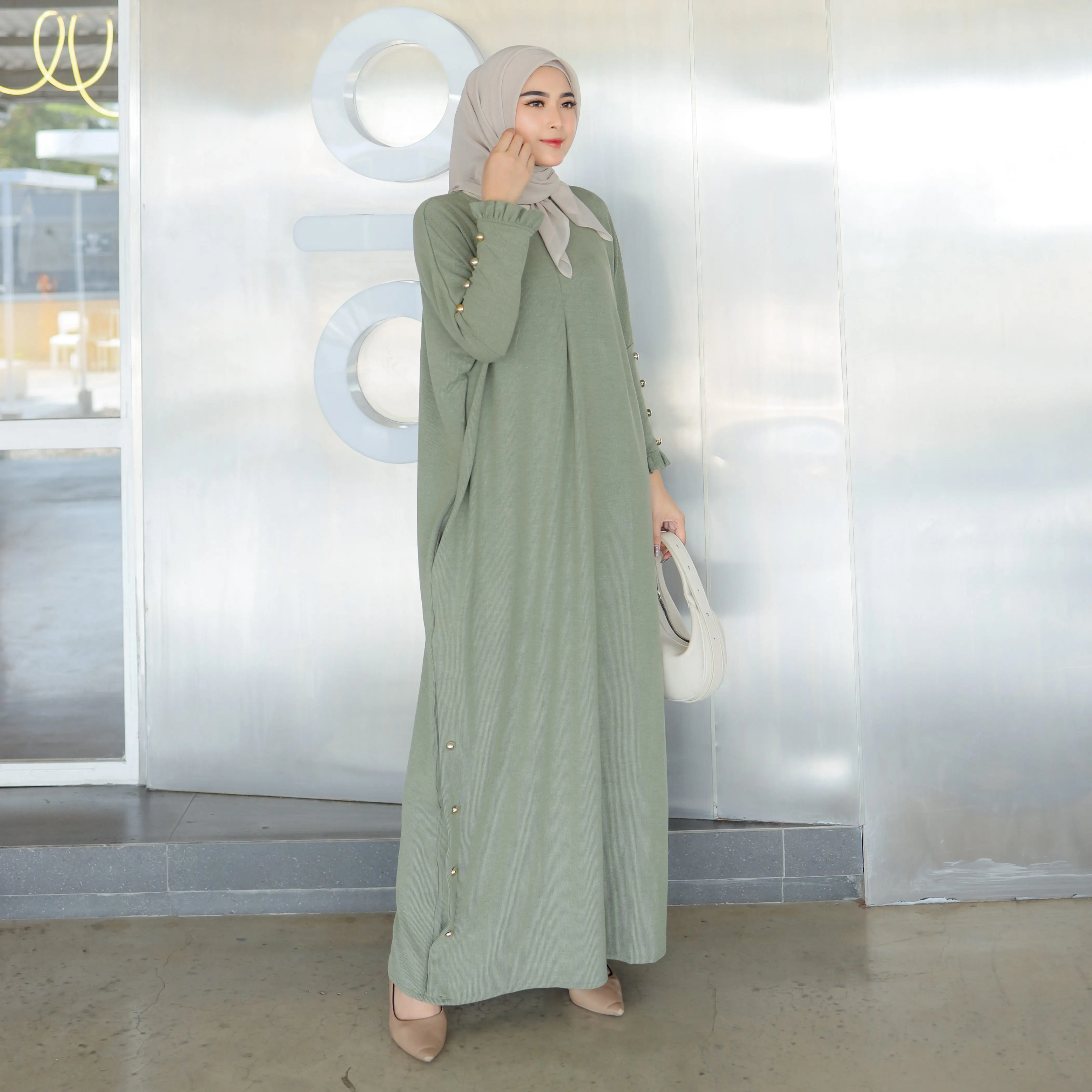 Mecca Dress byEdek Abaya Batwing Ruffle - Knit Premium Wanita  - Kaftan Maxi - Busui Wudhu Friendly