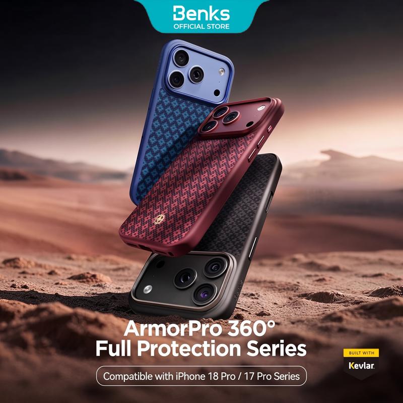 Ốp lưng Benks ArmorGrid Pro cho iPhone 18/17 Pro Max, sợi Kevlar với dệt kim cương, khung TPU bảo vệ 360°, độ dày chỉ 1,27 mm, trọng lượng nhẹ 36,4 g, lực hút từ tính MagSafe mạnh mẽ 9,2 N, khung camera bằng nhôm