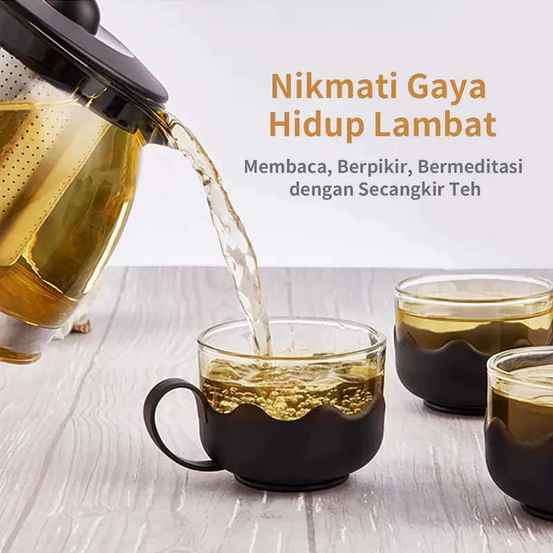 MINISO Set Teh Sederhana 5pcs Teh Ketel Kaca Teapot dengan 4pcs Gelas 1 Teapot Set 700ml Cangkir Stainless Steel Glass Teko 5