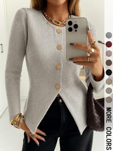 Top de manga larga con botones de punto acanalado para mujer, diseño ajustado y sencillo, casual elegante, para todas las estaciones, grosor moderado del material