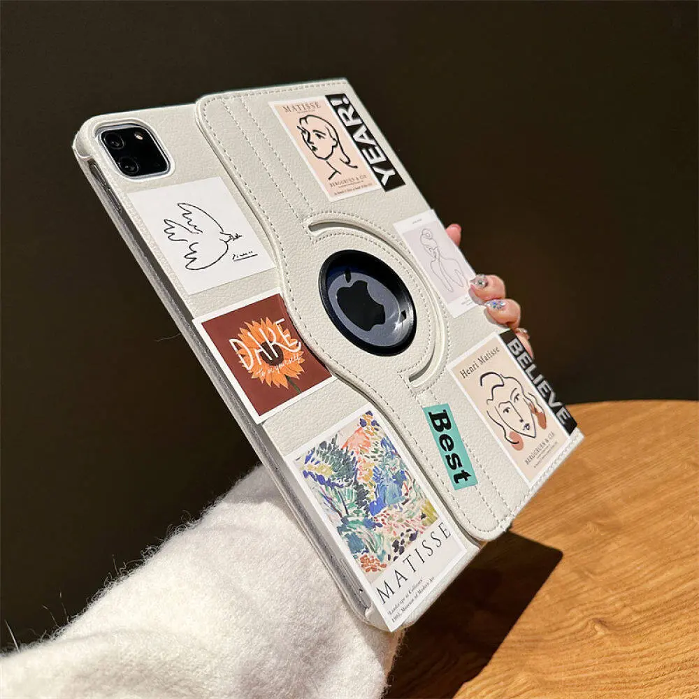 360° Rotatable Stand Flip Leather Tablet Case With Fashion Sticker For iPad Computer Covers