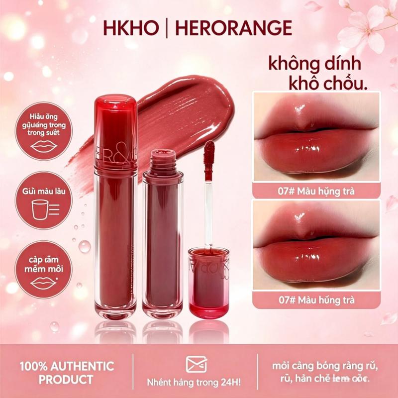 HKHO-Son Bóng Thủy Tinh Ánh Sáng Nước, Herorange, Dưỡng Ẩm, Lâu Trôi, Son Kem Thạch, Son Môi Dạng Lỏng Tráng Gương