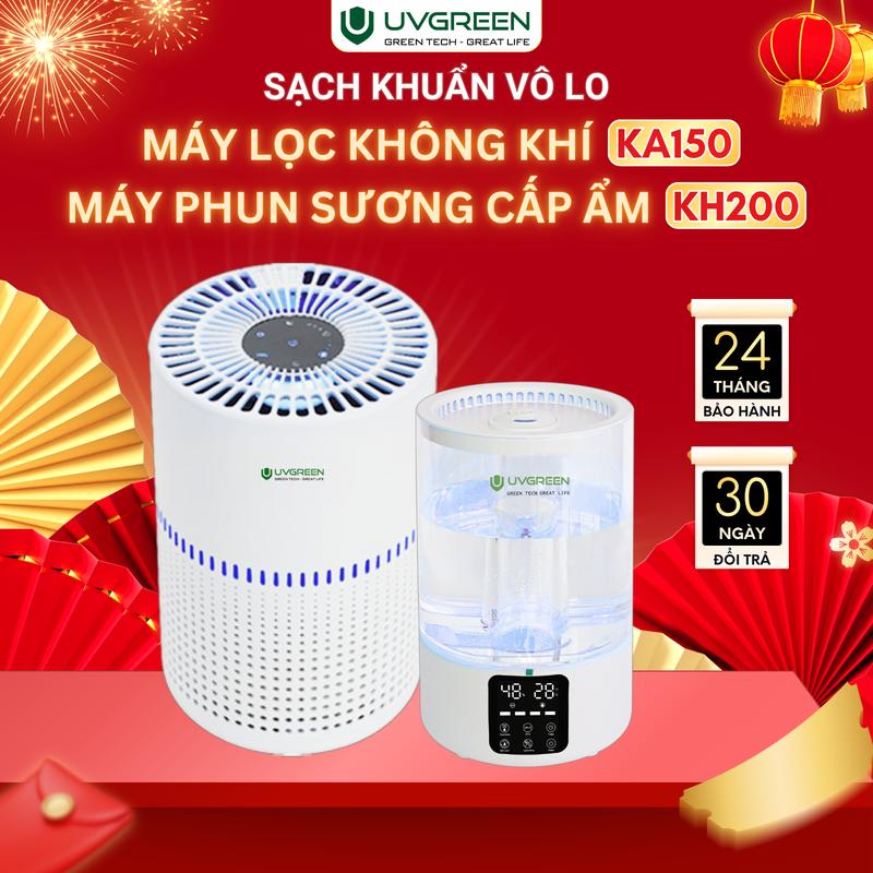 Combo Máy Lọc Không Khí UVC LED Diệt Khuẩn UVGREEN KA150 20m2 & Máy Phun Sương Siêu Âm Tạo Ẩm Làm Mát KH200 - Khuếch Tán Xông Hương Tinh Dầu Thơm Phòng Ngủ - Bảo Hành Chính Hãng 24 Tháng