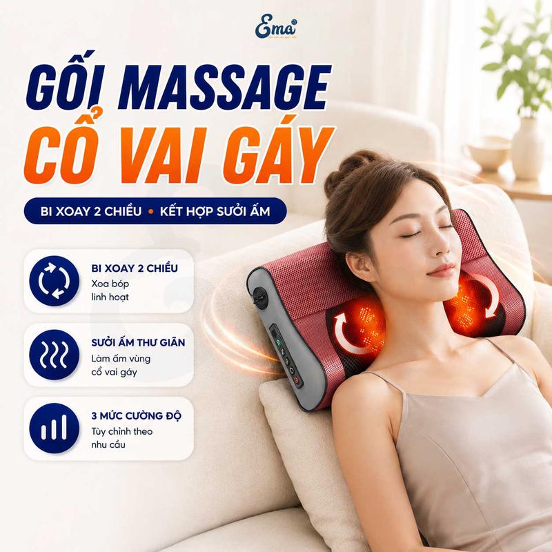 Gối Massage Cổ Vai Gáy Bi Xoay Chườm Nóng EMA - Máy Mát Xa Hồng Ngoại Bấm Huyệt…