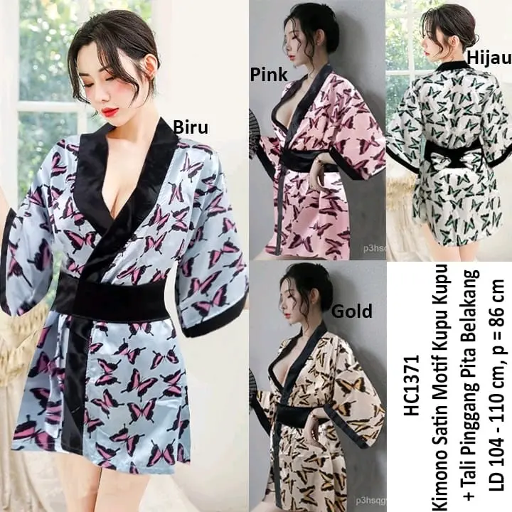 HC1371 Kimono Satin Motif Kupu Kupu + Tali Pinggang Pita Belakang 0