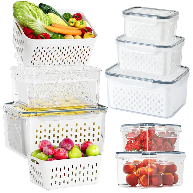 1/3 piece food drain storage container with buckle lock cover, drain tank and refrigerator Food Storage box, Kitchen refrigerator storage Utensils