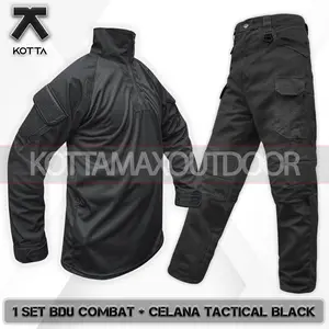 Satu Set Setelan Baju Kaos BDU Shirt Celana Tactical Panjang Motif Polos Hitam Black Ripstop Ripstok Unisex