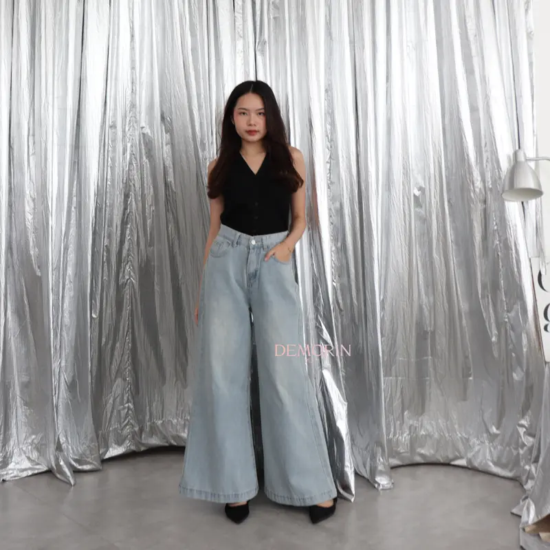X9261 | Celana Panjang Jeans Cewek High Waist Wanita Wide Leg Palazzo Washed Blue Korean Trousers DEMORIN 3
