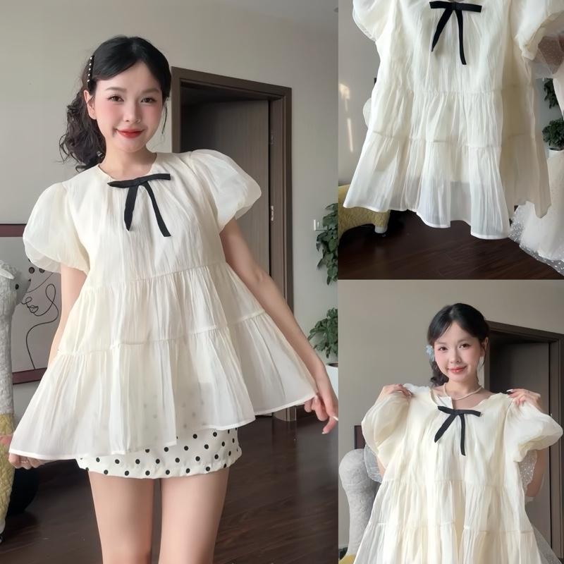 (ÁO KÈM NƠ) Áo nữ kiểu babydoll xoè tay bồng tiểu thư công chúa dilyshop - A125