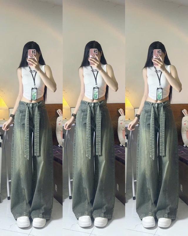 QUẦN JEANS NỮ ỐNG RỘNG KÈM ĐAI BỤI CẠP CAO HACK DÁNG HOTTREND 2025 SIZE S M L Màu Bụi Phong Cách Thời Trang