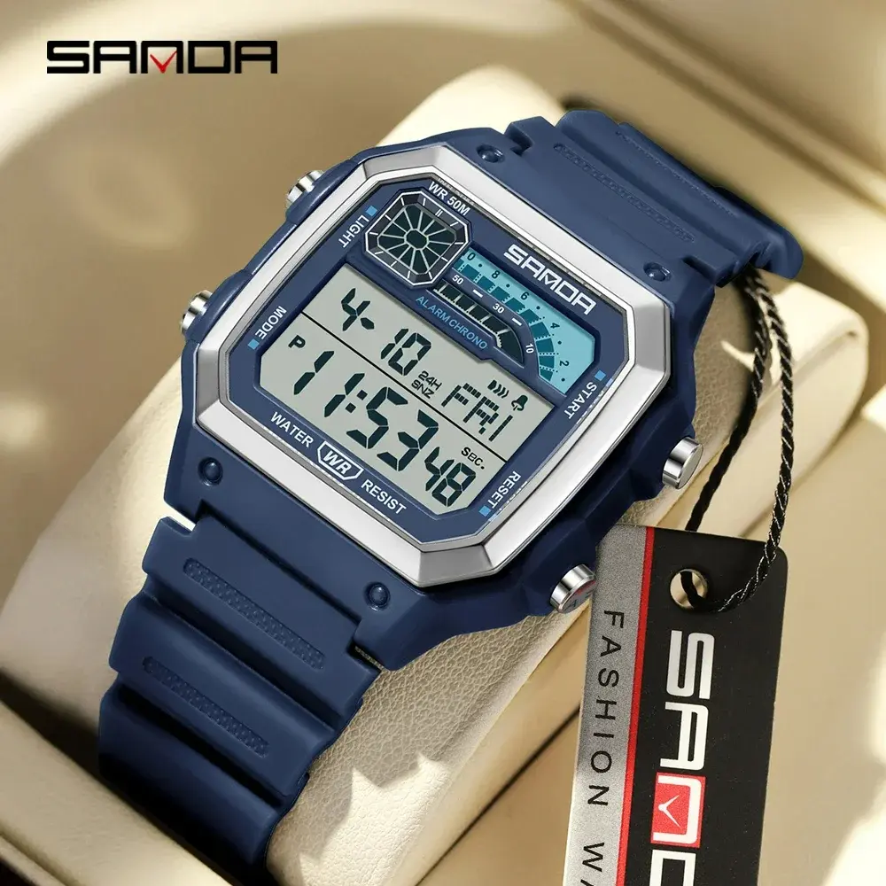 Đồng Hồ Điện Tử, SANDA 6196 G-Kiểu, Đa Chức Năng, Thời Trang, Đồng Hồ Kỹ Thuật Số LED, Phong Cách Quân Đội, Đồng Hồ Báo Thức