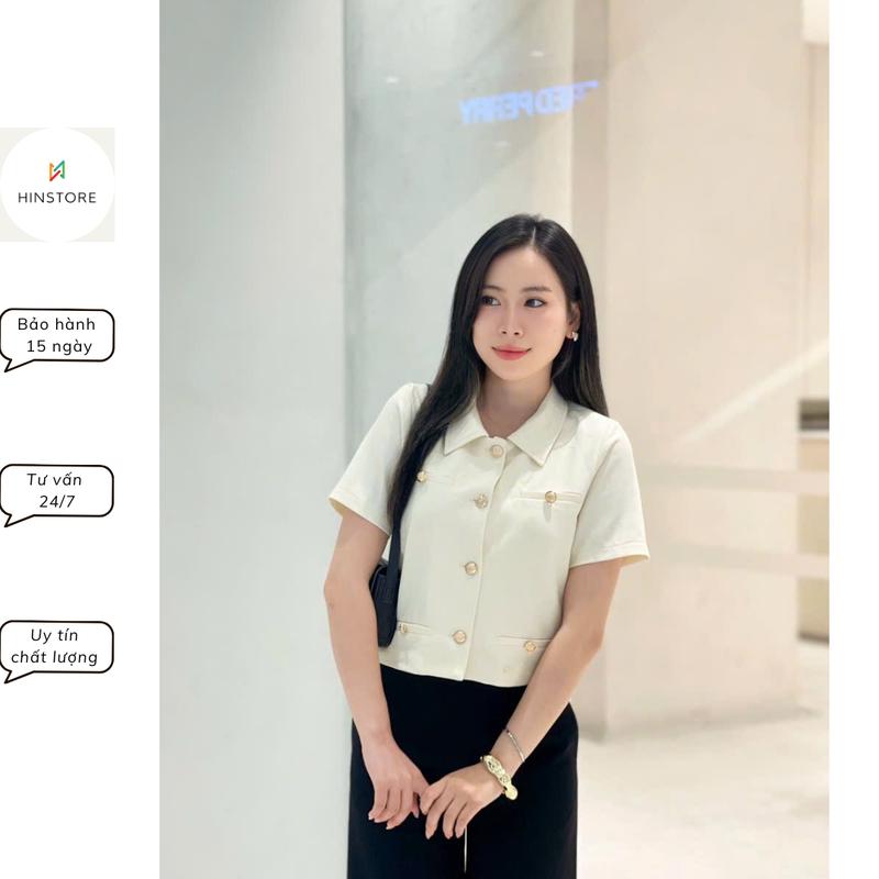 Áo kiểu dáng lửng HINSTORE áo form vest dáng lửng cổ đức túi bổ cúc vàng 371