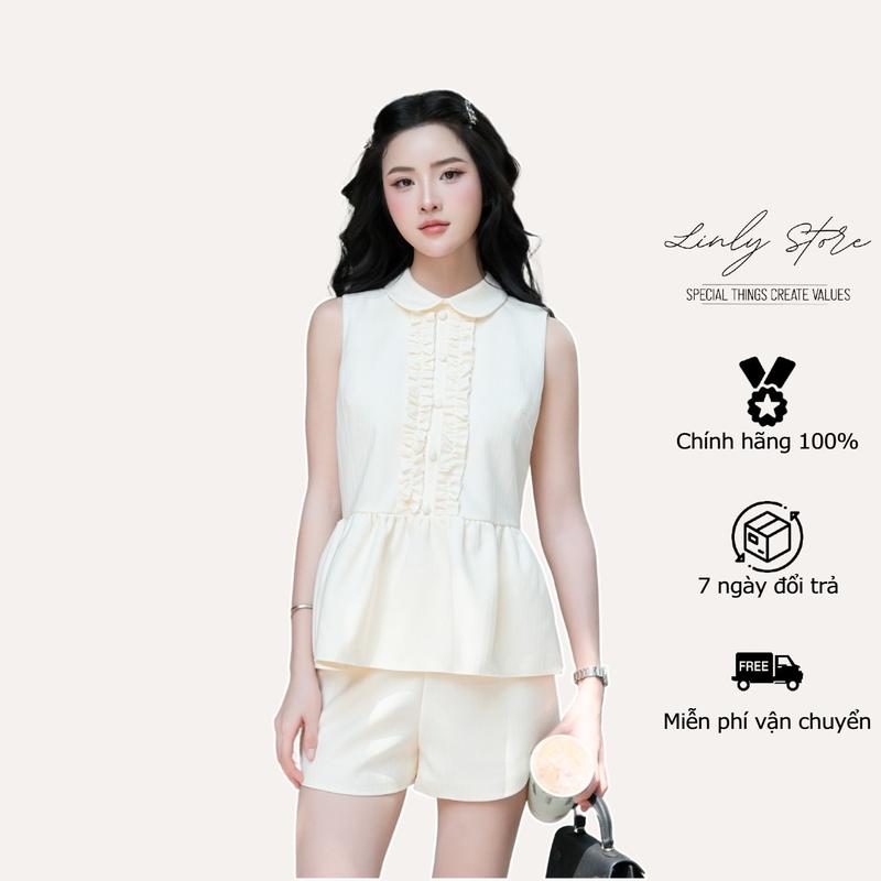 Set đồ kiểu nữ áo sát nách thiết kế viền bèo dáng ngắn và quần short cạp cao tiểu thư Linly store
