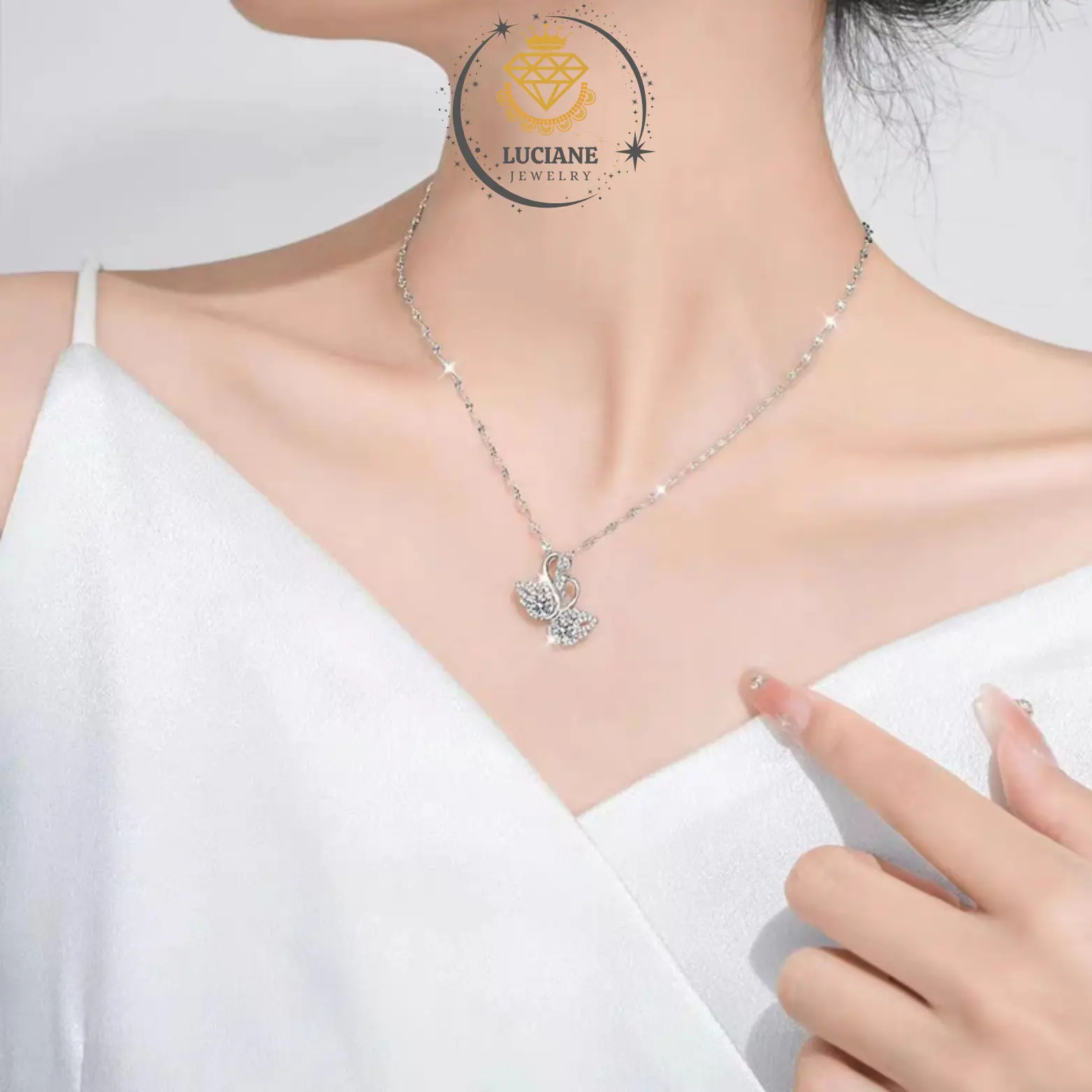 Kalung Liontin Angsa Wanita Double Swan Necklace Pendant Diamond Moissanite Perhiasan Cewek Lapis Emas