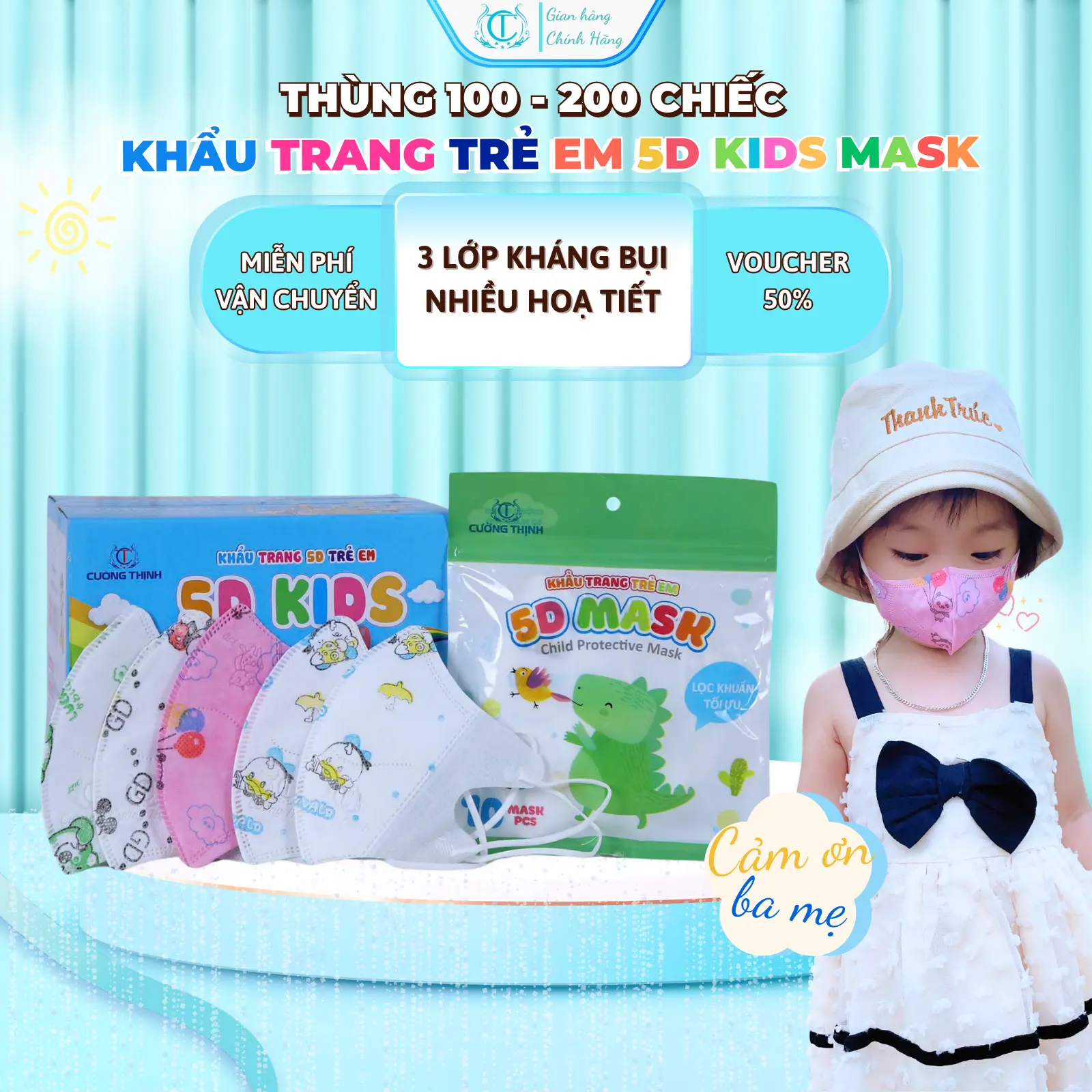 Thùng 100 - 200 Chiếc Khẩu Trang 5D Bé Cường Thịnh Cho Bé