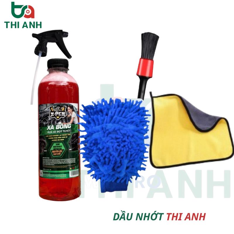 Combo 4 món rửa xe tại nhà (xà bông rửa xe 1 lít + khăn lau xe 2 mặt vàng xám…
