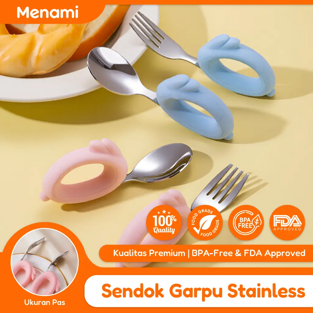 Menami Set Sendok Garpu Motif Kelinci Bayi Stainless Steel 316 Premium MPASI Training Spoon Gagang Silikon Anti Slip BPA Free - Alat Makan Anak Belajar Makan Mandiri