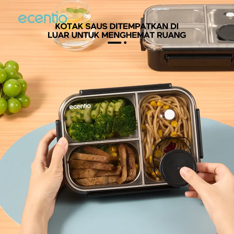 【kotak bekal stainless set】【2.0 anti tumpah】ecentio lunch box stainless 800ml sekat 3 dengan sendok sumpit free kotak sauce kecil Baja Garpu 5