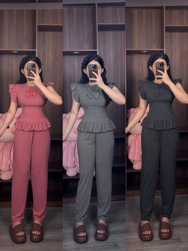  đồ bộ mùa đông cho nữ - áo tay ngắn phối nơ thời trang nữ & quần baggy 