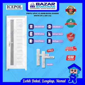 Icepol - Pintu Kamar Mandi Toilet WC IC 009B UPVC Kaca White Putih 70x200 Handle Kiri Buka Kanan