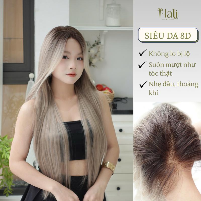  Tóc Giả HaLi siêu da 8D Nguyên Đầu  Dáng Thẳng 70cm Balayage rẽ ngôi full đầu sợi tóc protein nano phủ đa tầng mềm mại giống tóc thật đến 90% 