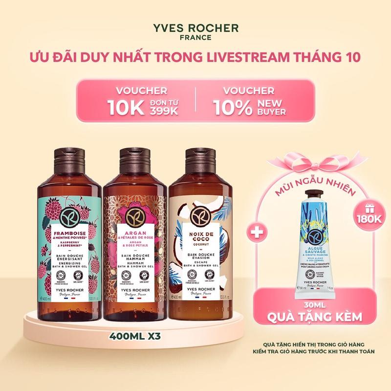 [Livestream] Combo 3 sữa tắm thiên nhiên hương mâm xôi đỏ - hoa hồng - dừa Yves Rocher 400mlx3