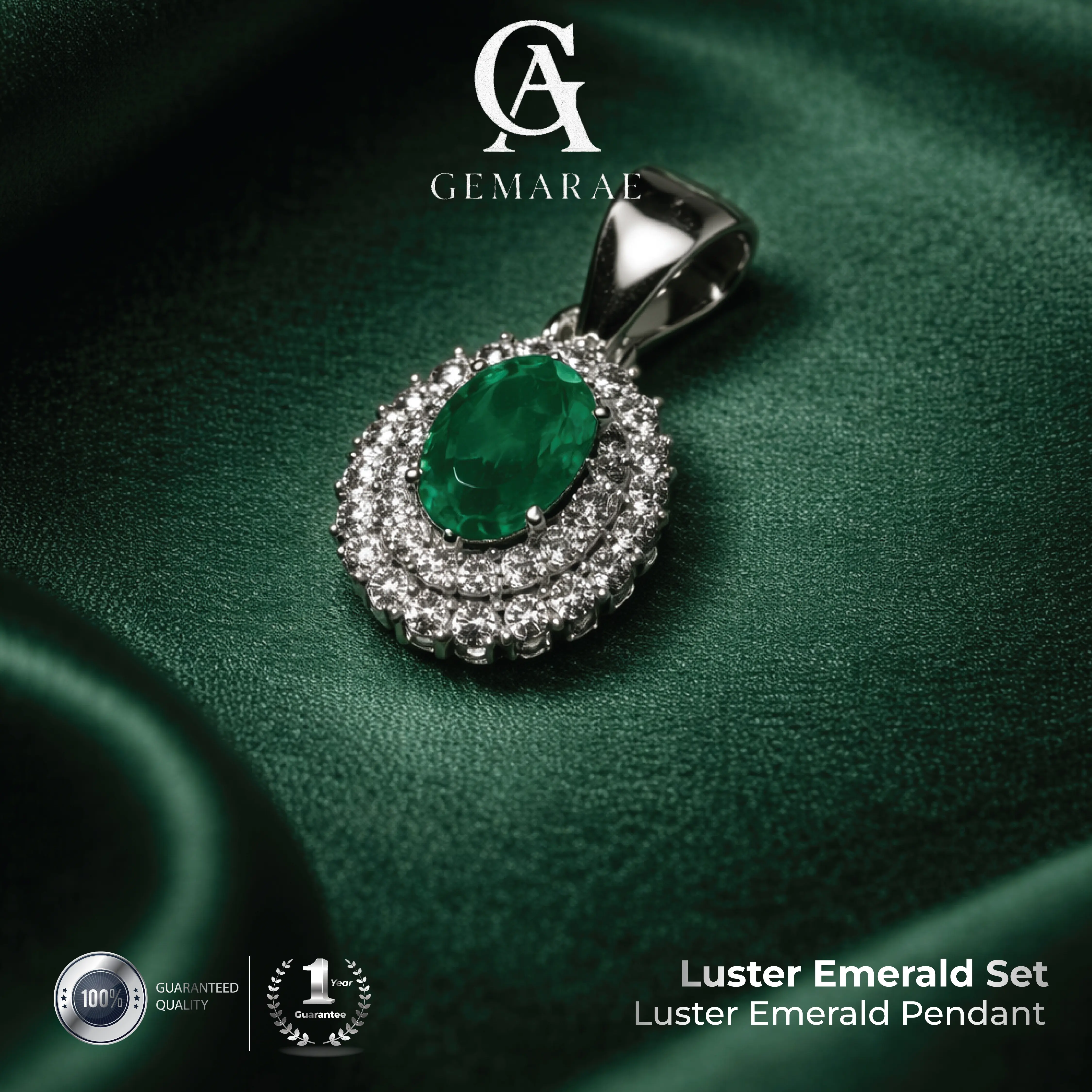 Set Perhiasan Kado  - Gemarae Luster Emerald Jewelry Set | Natural Emerald Perhiasan Perak Asli 925 Rhodium Plated | Cincin Anting Liontin