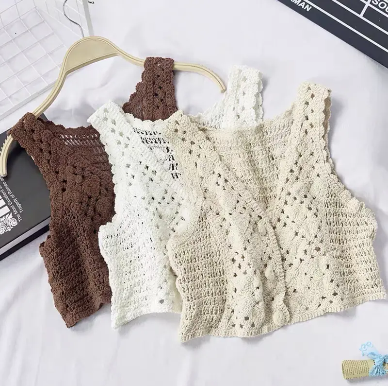 Áo Ba Lỗ Croptop Đan Áo Ba Lỗ, Thiết Kế Rỗng Phong Cách Cổ Điển, Dệt Kim Đi Biển, Cài Cúc, Áo Cardigan, Không Tay, Vải Sang Trọng Và Thường Ngày, Dành Cho Nữ 3