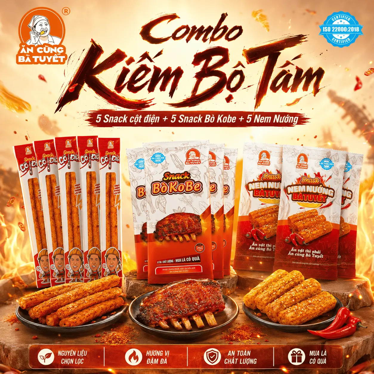 Combo  TAM BỘ KIẾM gồm: 5 Nem Nướng +5 Snack CỘT ĐIỆN +5 Snack Bò KoBe Snack- Ăn Vặt  -ĂN CÙNG BÀ TUYẾT M56