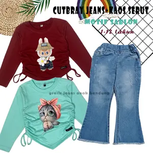SETELAN CUTBRAY ANAK PEREMPUAN / COMBED SERUT MOTIF SABLON / CELANA JEANS CUTBRAY ANAK / ONESET ANAK USIA 1-12 TAHUN