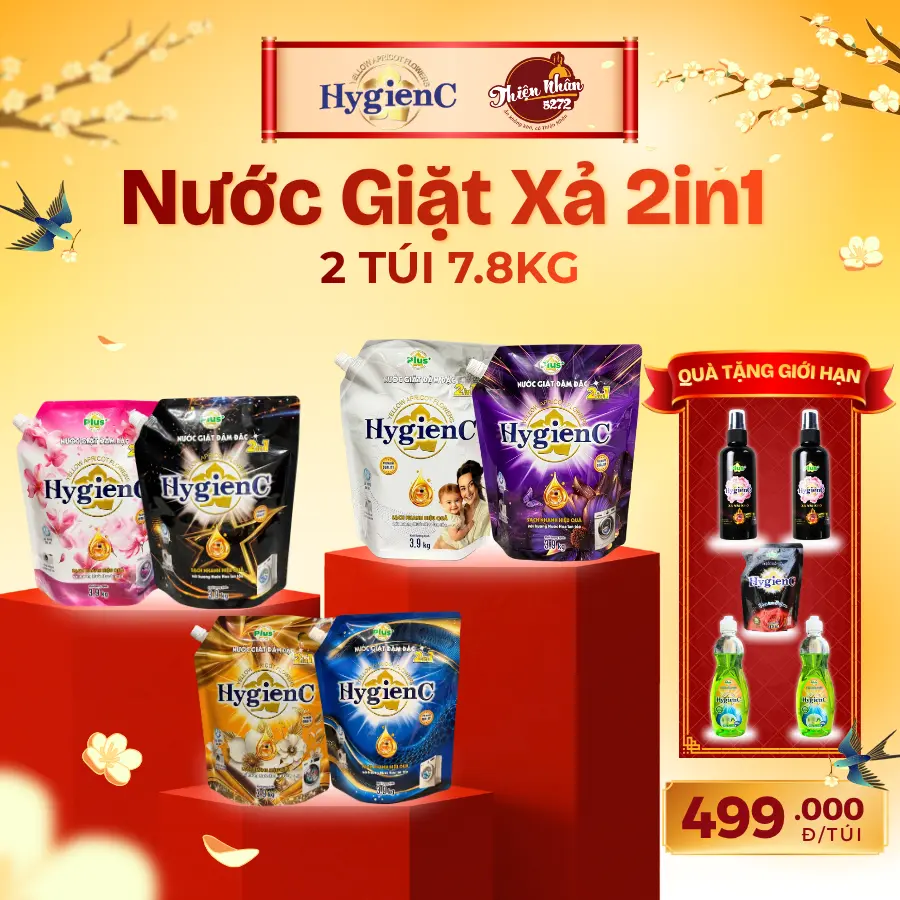 Combo 7,8kg Nước Giặt Xả HygienC Plus+ Việt Nam 2in1 Túi 3kg9 - [ Tặng Kèm 1 Chai Nước Rửa Chén HygienC 400gr & 1 Chai Xịt Vải Khô 100gr Siêu Thơm & 1 Nước Xả Vải & 1 Chai Xịt Vải Khô 100gr Hoa Hồng & 1 Chai Nước Rửa Chén HygienC 400gr  ]