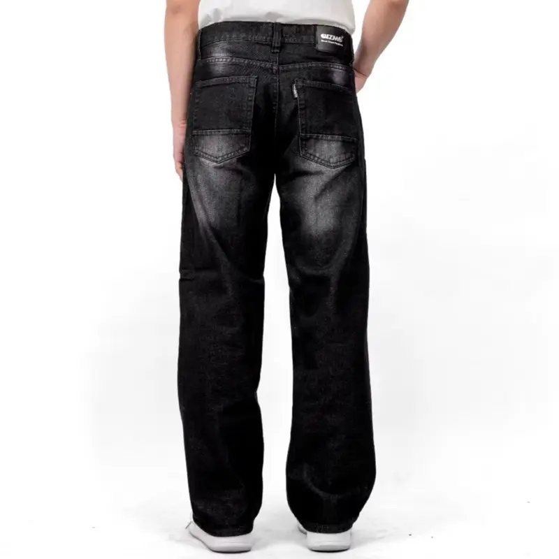 (UNISEX) Celana Jeans Wide Leg Wisker Lebar Gombrong Skena Black -Basic Baggy Pants Hitam - Panjang Pria Denim Straight - Non  Stretch - Non  Slim Fit 3