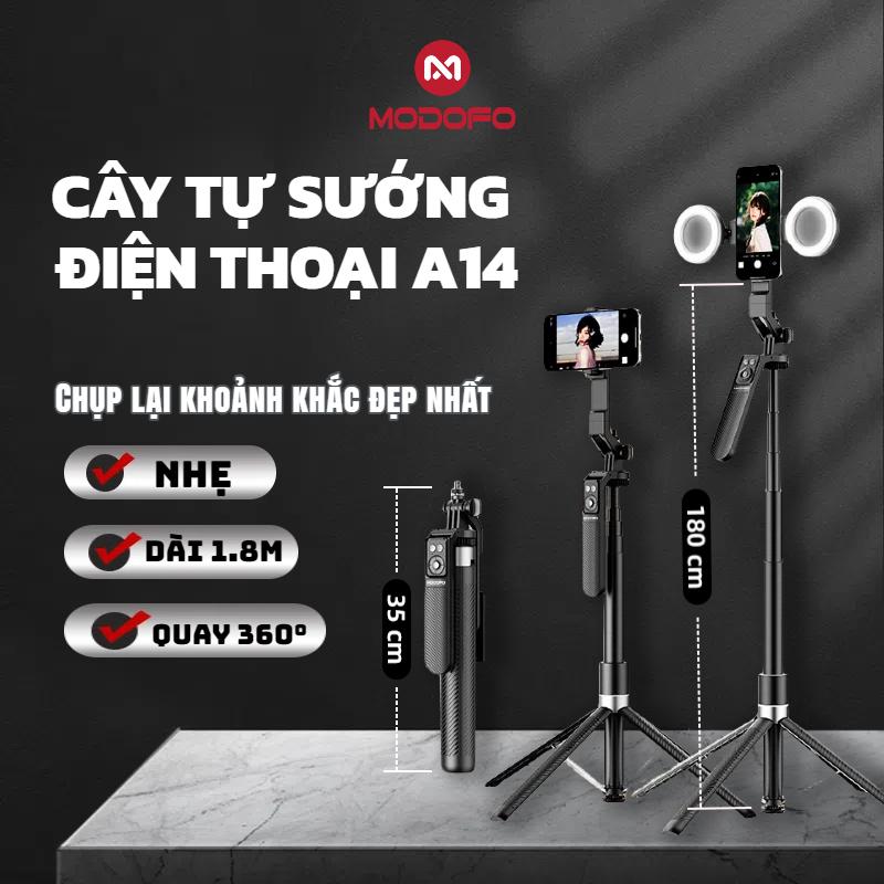  MODOFO Gậy Chụp Ảnh A14 - Giá Đỡ Điện Thoại Quay Video Tích Hợp Nhận Diện Khuôn Mặt Hỗ Trợ Quay Chụp Và Livestream Có Thể Đặt Đứng Hoặc Cầm Tay Tương Thích Với Nhiều Thiết Bị Tặng Kèm 2 Đèn Chiếu Sáng Ban Đêm 